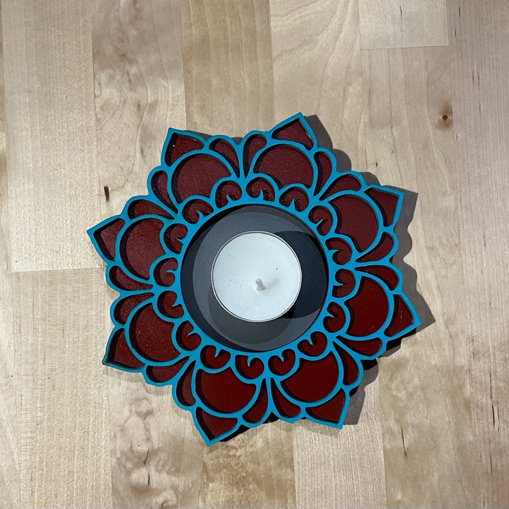 Teal and Red Mandala Candle Holder Hand Painted Wood